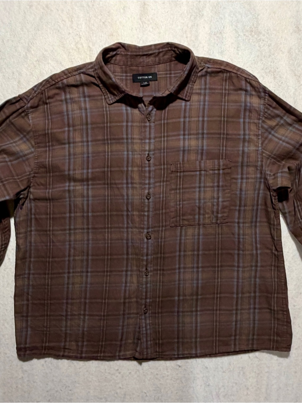 Cotton On Men Large L Plaid Button Down Long Sleeve Shirt Brown Gray Checked EUC